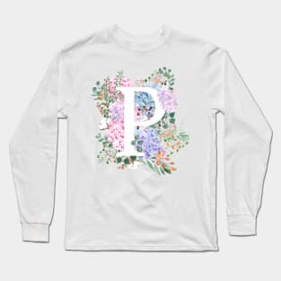 botanical monogram alphabet P hydrangea flowers Long Sleeve T-Shirt